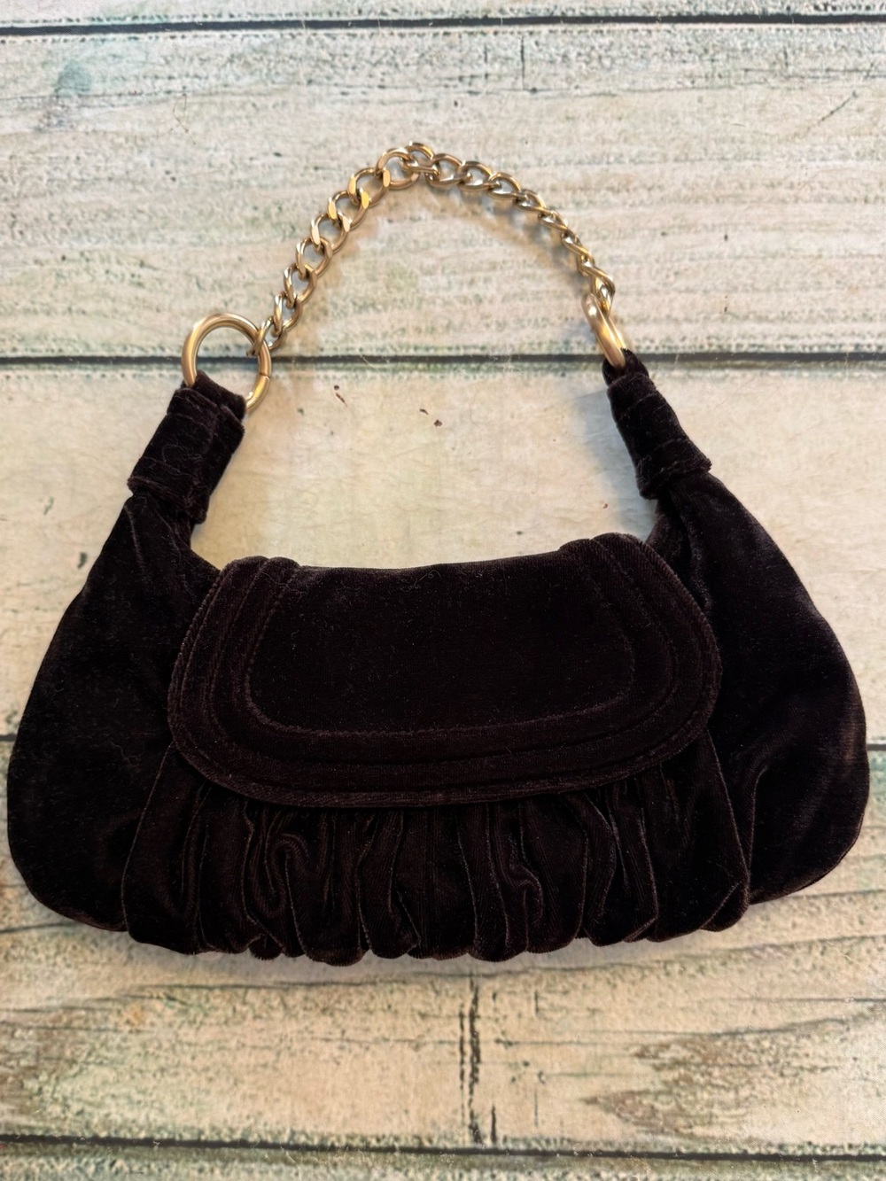 Loft brown Velvet Ruched Shoulder Bag with Gold Chain Strap.